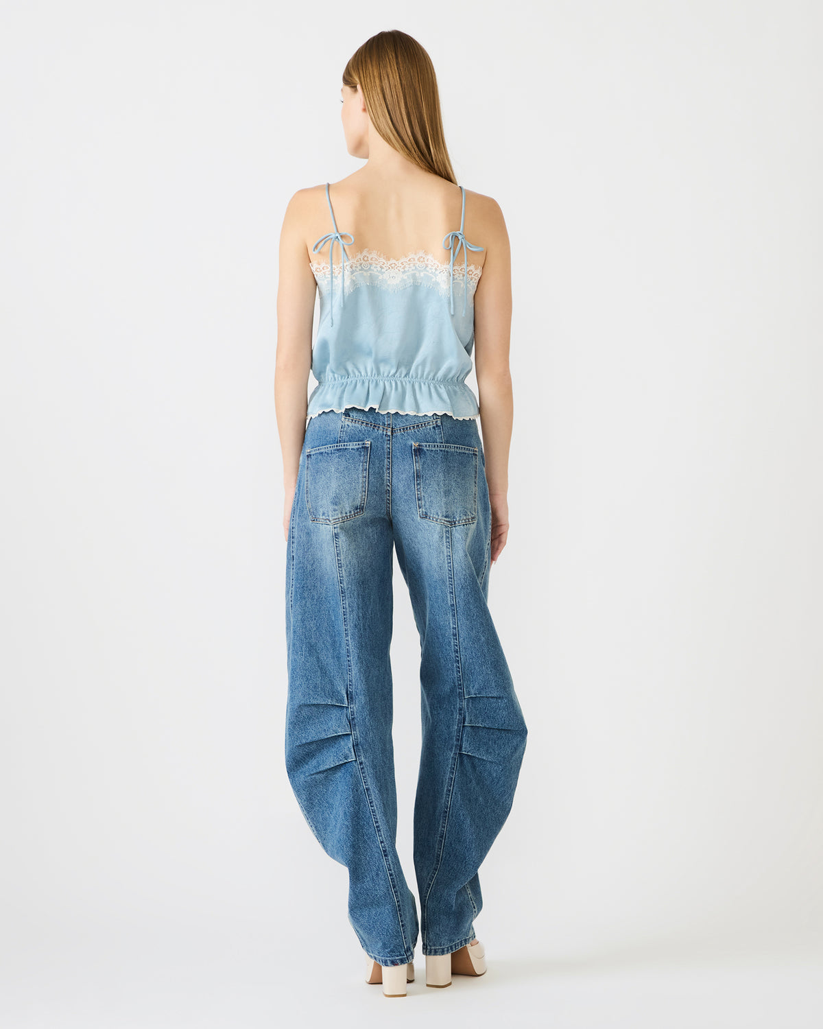 ROAN Dusty Blue Sleeveless Lace Trime Cinched Waist Women's Top | Steve Madden