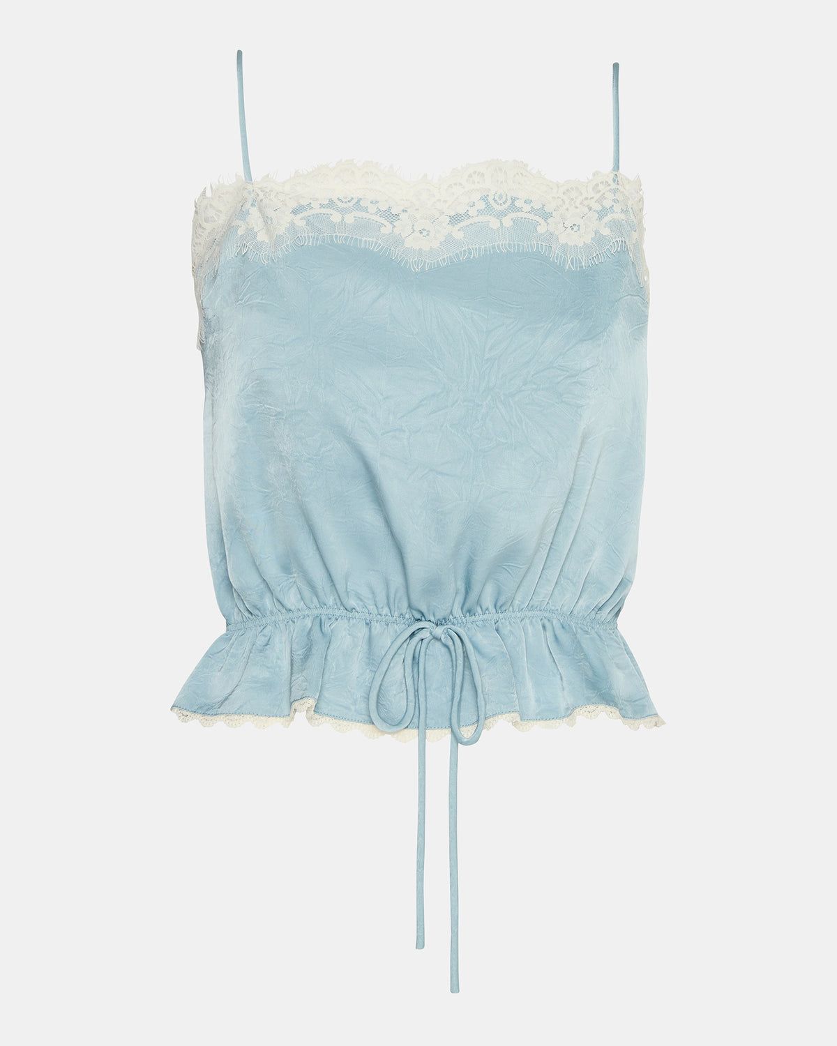 ROAN Dusty Blue Sleeveless Lace Trime Cinched Waist Women's Top | Steve Madden