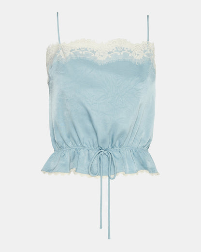 ROAN Dusty Blue Sleeveless Lace Trime Cinched Waist Women's Top | Steve Madden