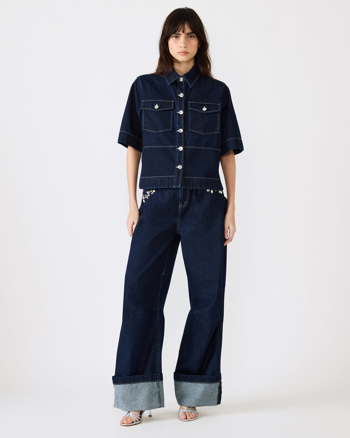 ELIANA Bijou Blue Short-Sleeved Button-Up Denim Women's Top | Steve Madden