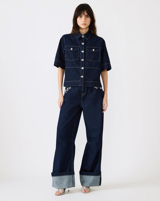 ELIANA Bijou Blue Short-Sleeved Button-Up Denim Women's Top | Steve Madden