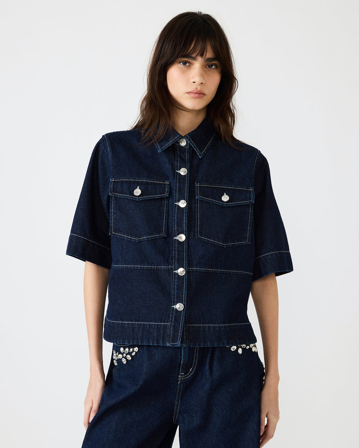 ELIANA Bijou Blue Short-Sleeved Button-Up Denim Women's Top | Steve Madden