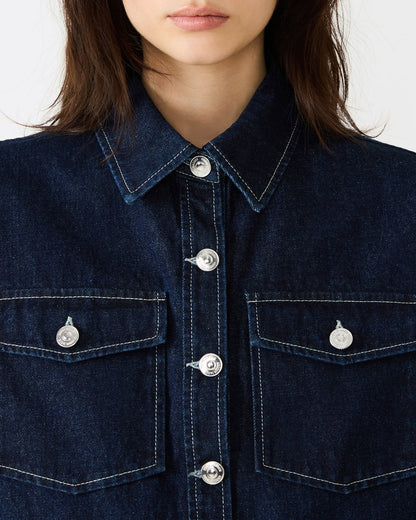 ELIANA Bijou Blue Short-Sleeved Button-Up Denim Women's Top | Steve Madden