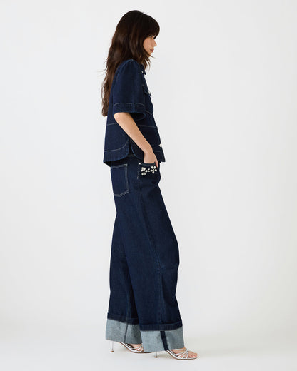 ELIANA Bijou Blue Short-Sleeved Button-Up Denim Women's Top | Steve Madden