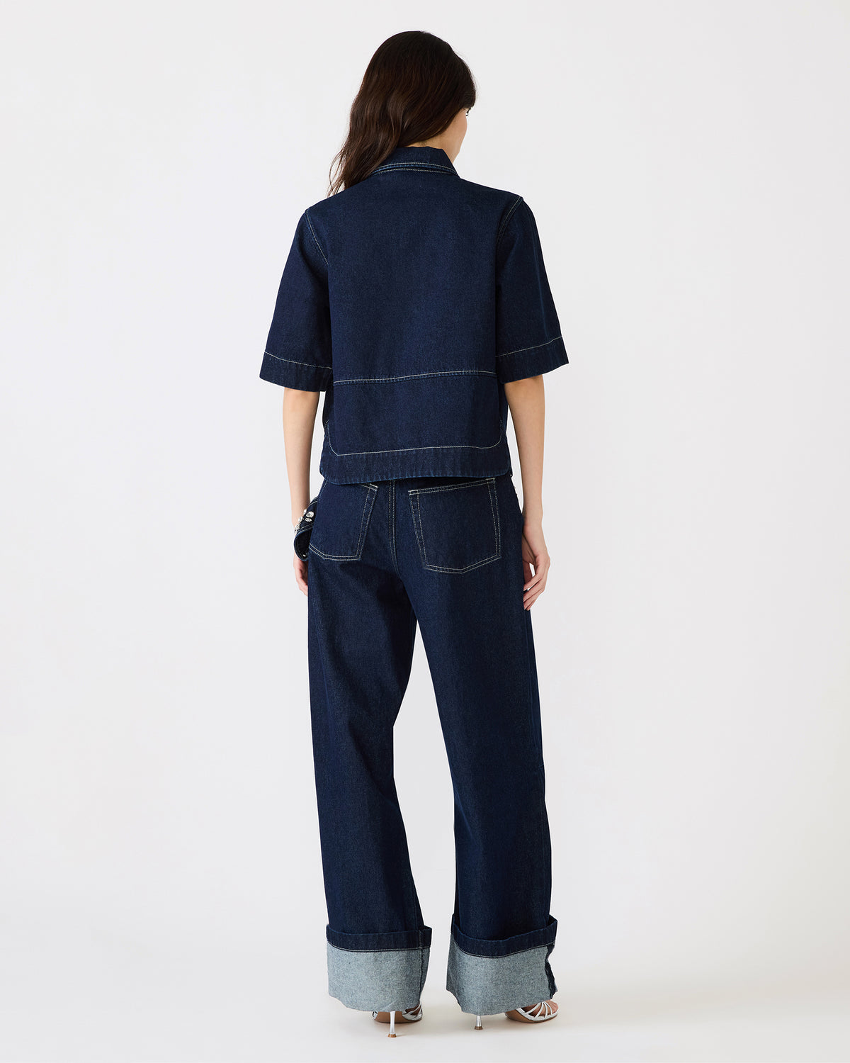 ELIANA Bijou Blue Short-Sleeved Button-Up Denim Women's Top | Steve Madden