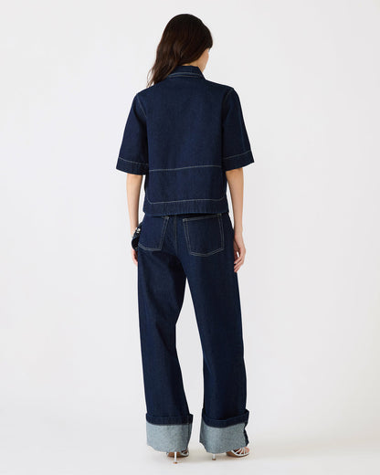 ELIANA Bijou Blue Short-Sleeved Button-Up Denim Women's Top | Steve Madden
