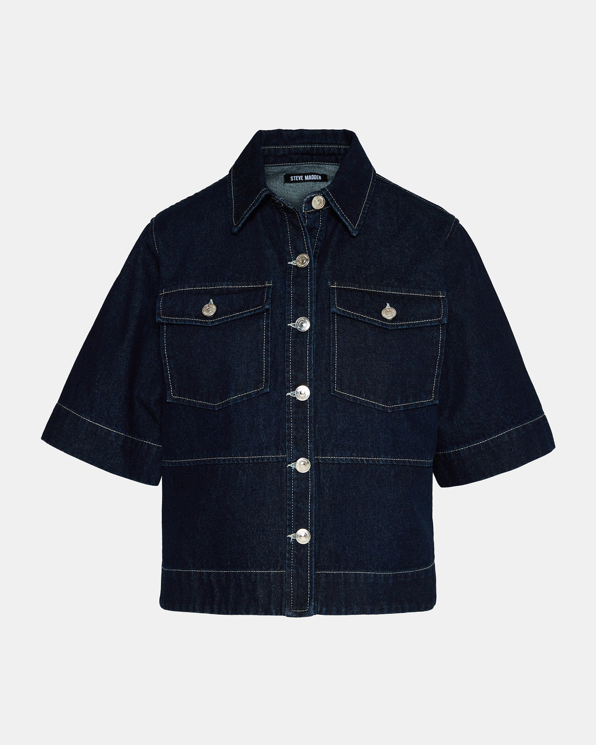 ELIANA Bijou Blue Short-Sleeved Button-Up Denim Women's Top | Steve Madden