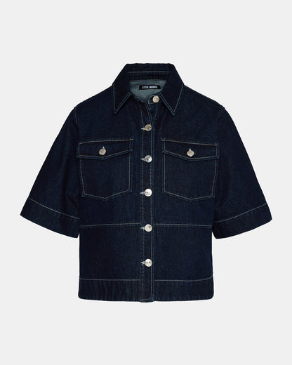 ELIANA Bijou Blue Short-Sleeved Button-Up Denim Women's Top | Steve Madden
