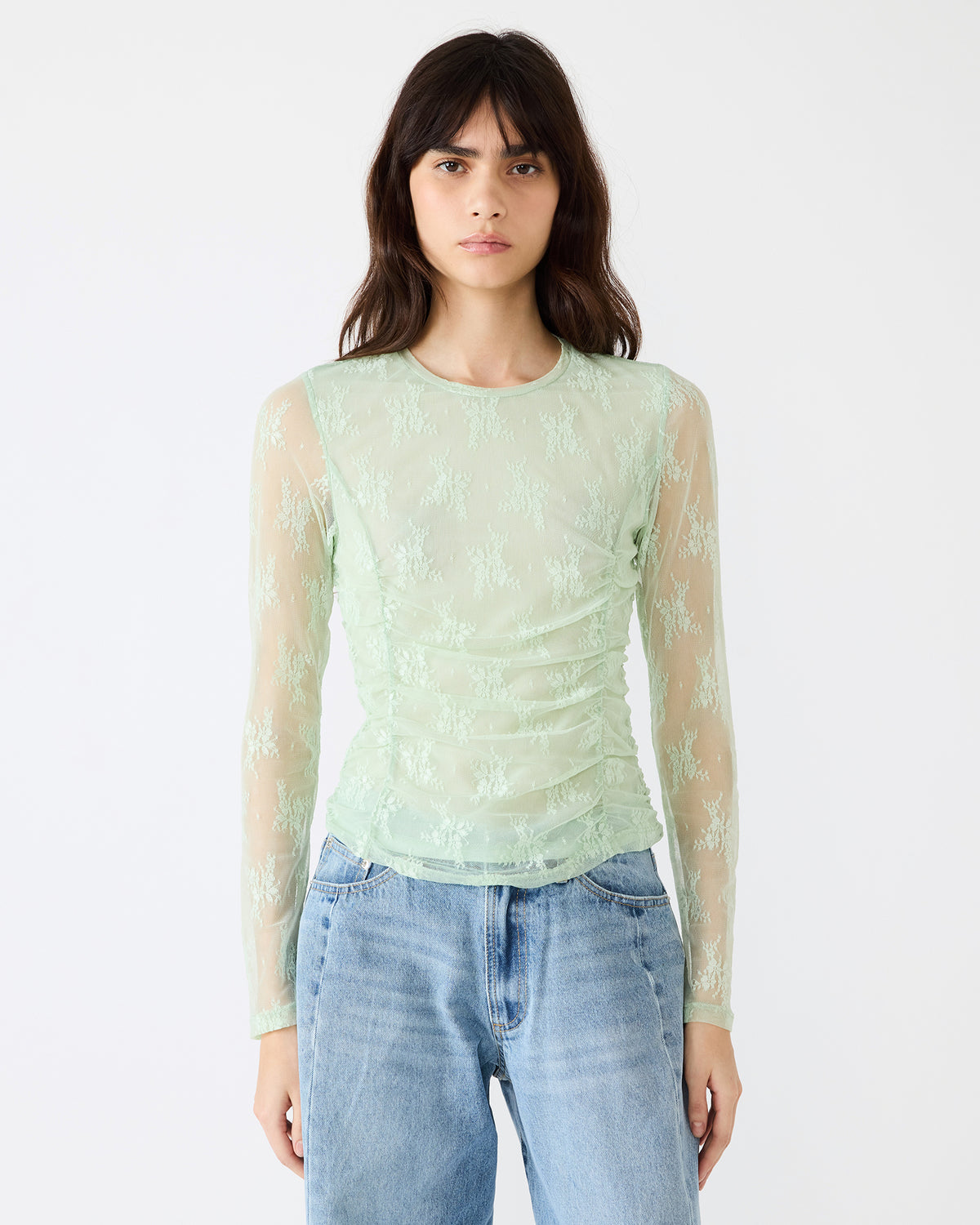LUMA Bay Green Long-Sleeved Mesh Lace Women's Top | Steve Madden