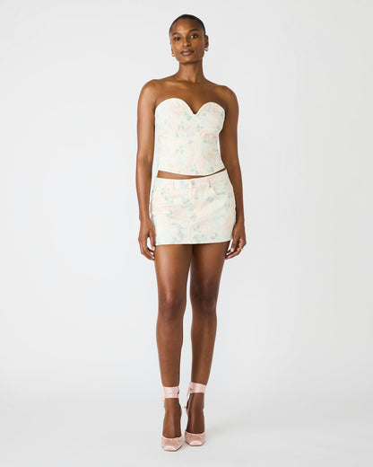 ROSELIA Peach Beige Floral Print Denim Strapless Corset Women's Top | Steve Madden