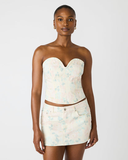 ROSELIA Peach Beige Floral Print Denim Strapless Corset Women's Top | Steve Madden