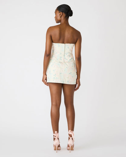 ROSELIA Peach Beige Floral Print Denim Strapless Corset Women's Top | Steve Madden