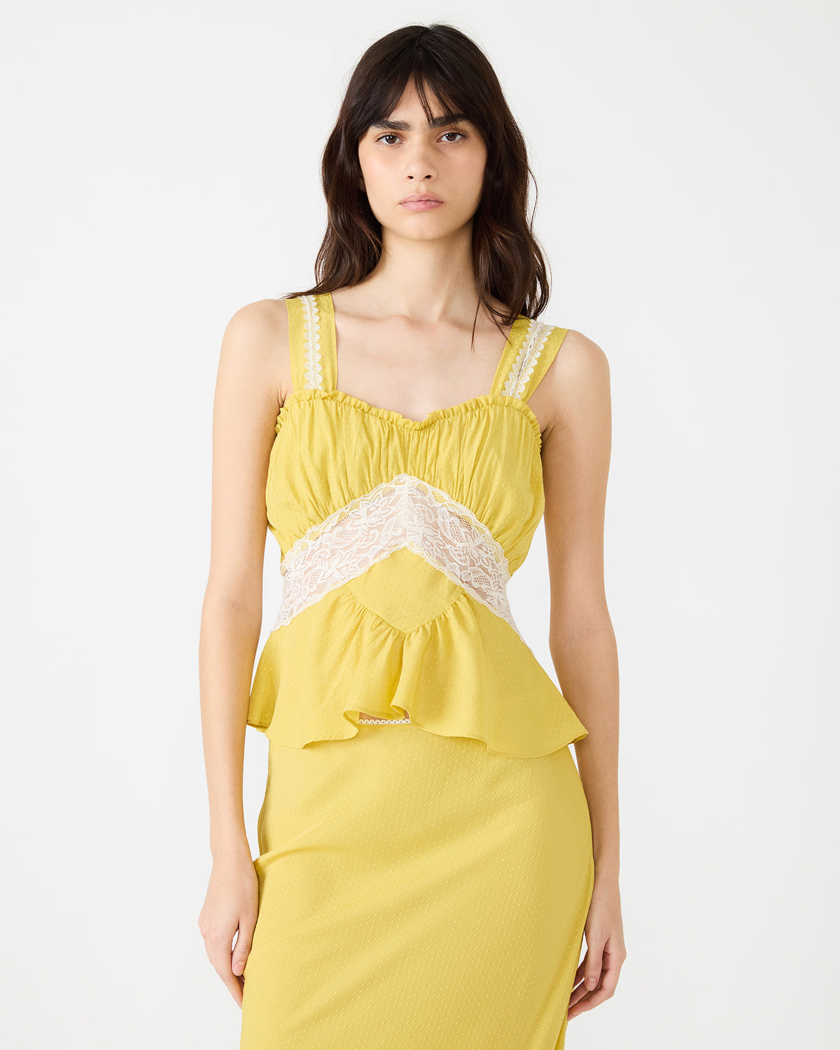 CINTHIA Golden Lime Sleeveless Lace Trim Women's Top | Steve Madden