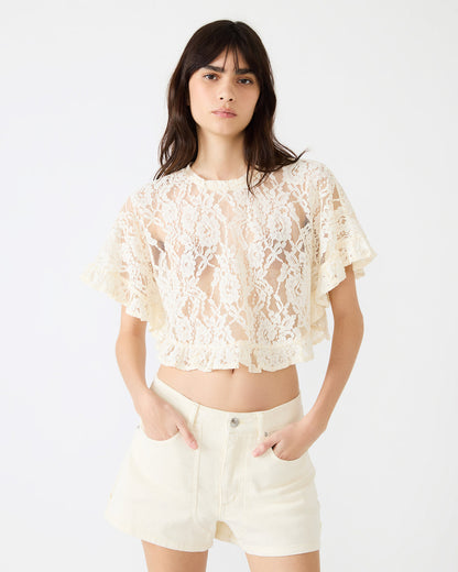 CALLUM Cream Short-Sleeved Mesh Lace Cropped Women's Top | Steve Madden