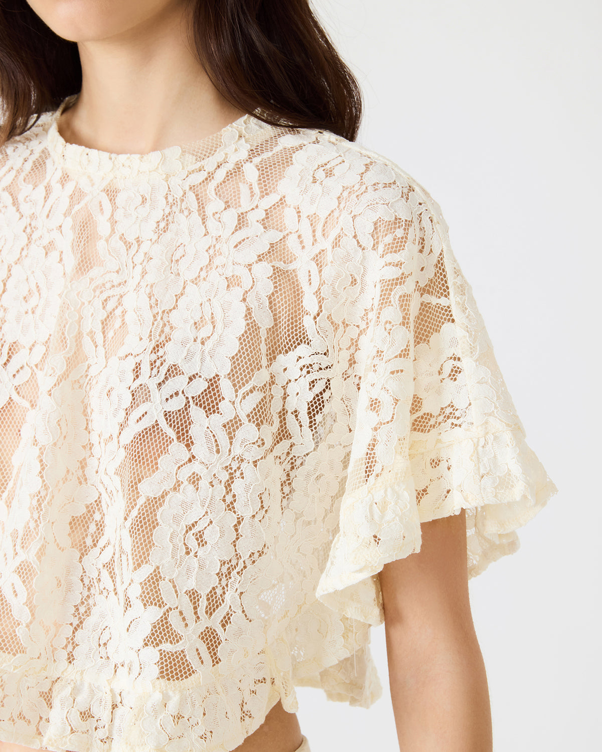 CALLUM Cream Short-Sleeved Mesh Lace Cropped Women's Top | Steve Madden