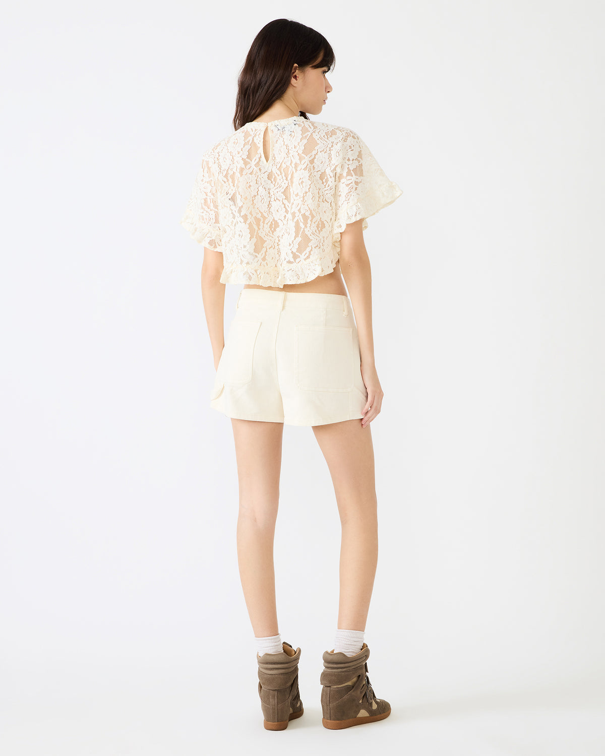 CALLUM Cream Short-Sleeved Mesh Lace Cropped Women's Top | Steve Madden