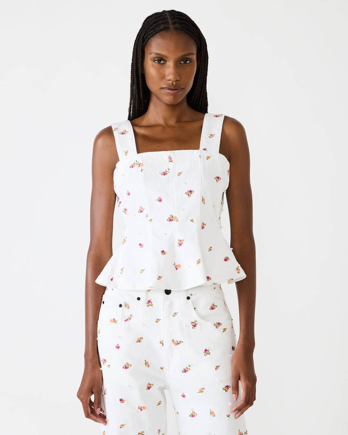 FIORELLA Antique Sleeveless Ruffle Edge Denim Women's Top | Steve Madden