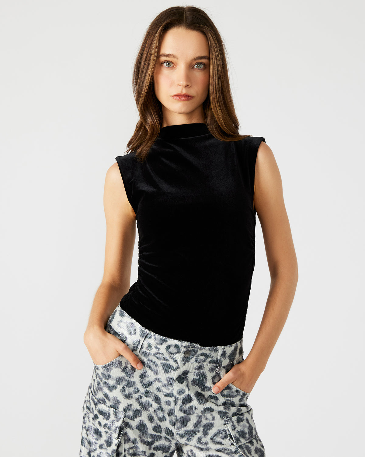 NIKOLA Black Women's Mock Neck Velvet Bodysuit | Steve Madden