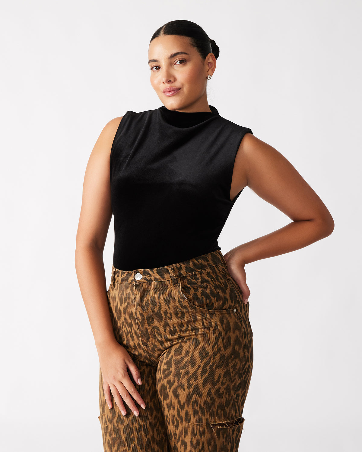 NIKOLA Black Women's Mock Neck Velvet Bodysuit | Steve Madden