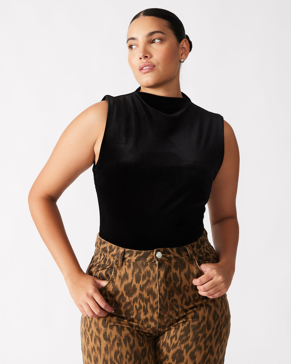 NIKOLA Black Women's Mock Neck Velvet Bodysuit | Steve Madden