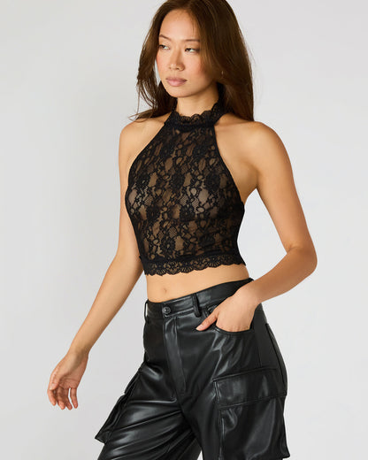 JUDY Black Lace Mesh Cropped Halter Women's Top | Steve Madden