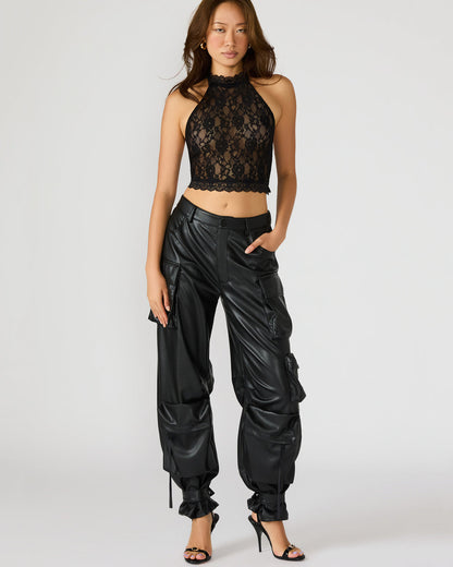 JUDY Black Lace Mesh Cropped Halter Women's Top | Steve Madden