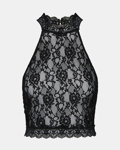 JUDY Black Lace Mesh Cropped Halter Women's Top | Steve Madden