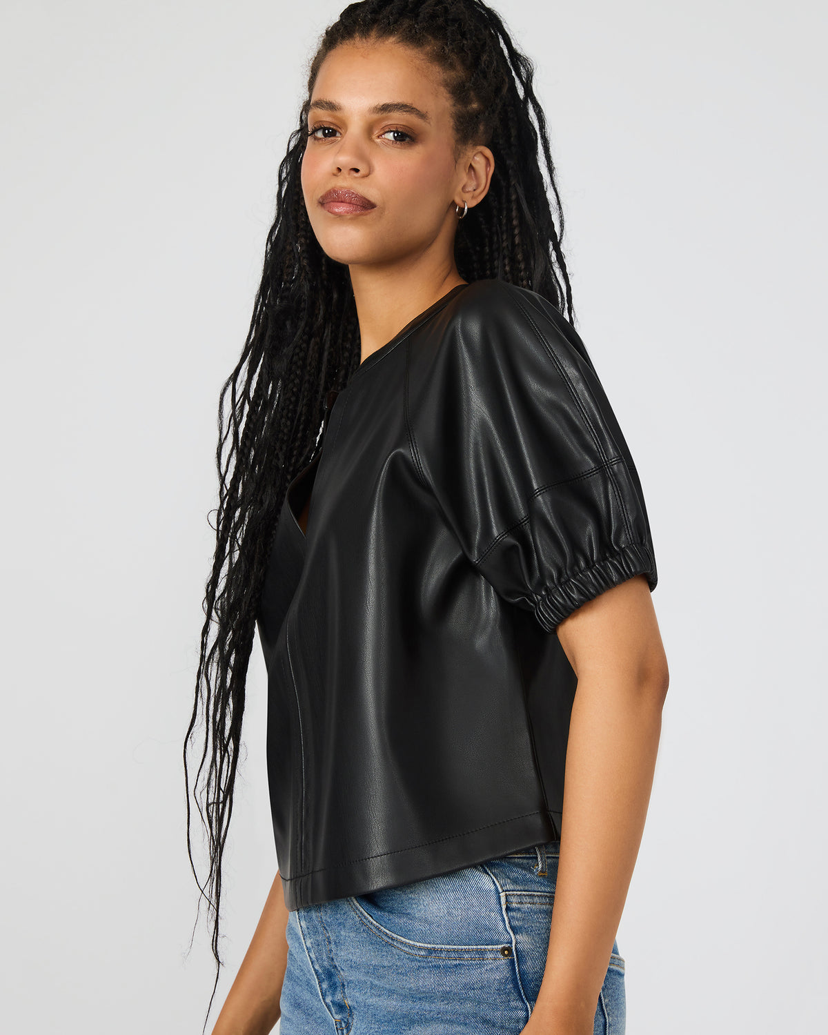 ROXANNE Black Short-Sleeved Faux Leather Puff Sleeve Women's Top | Steve Madden