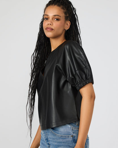 ROXANNE Black Short-Sleeved Faux Leather Puff Sleeve Women's Top | Steve Madden
