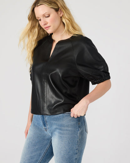 ROXANNE Black Short-Sleeved Faux Leather Puff Sleeve Women's Top | Steve Madden