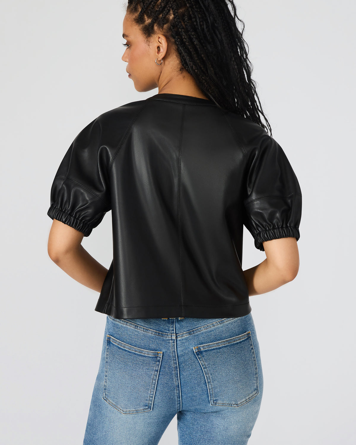 ROXANNE Black Short-Sleeved Faux Leather Puff Sleeve Women's Top | Steve Madden