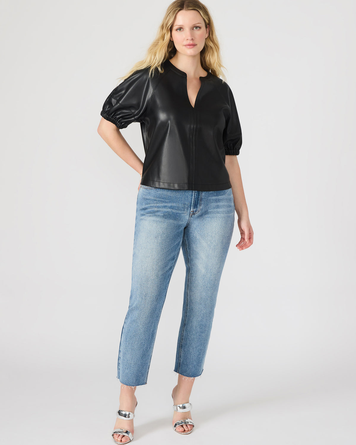ROXANNE Black Short-Sleeved Faux Leather Puff Sleeve Women's Top | Steve Madden