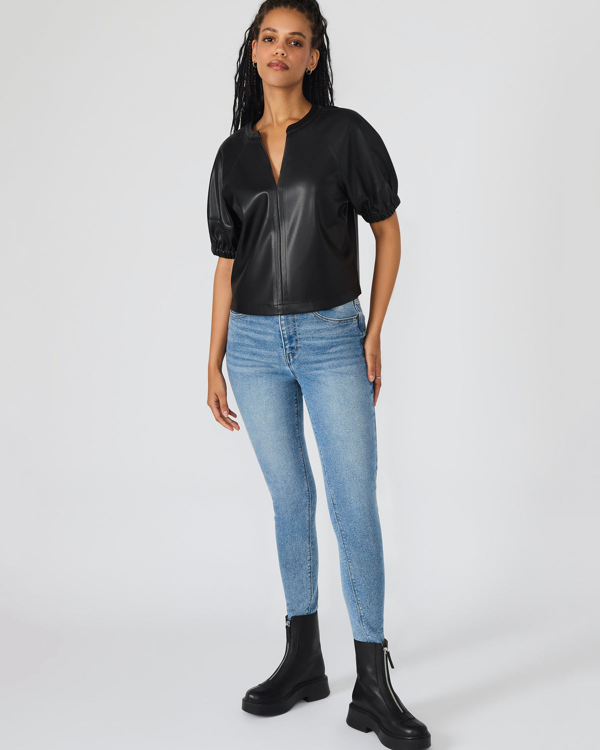 ROXANNE Black Short-Sleeved Faux Leather Puff Sleeve Women's Top | Steve Madden
