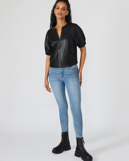 ROXANNE Black Short-Sleeved Faux Leather Puff Sleeve Women's Top | Steve Madden