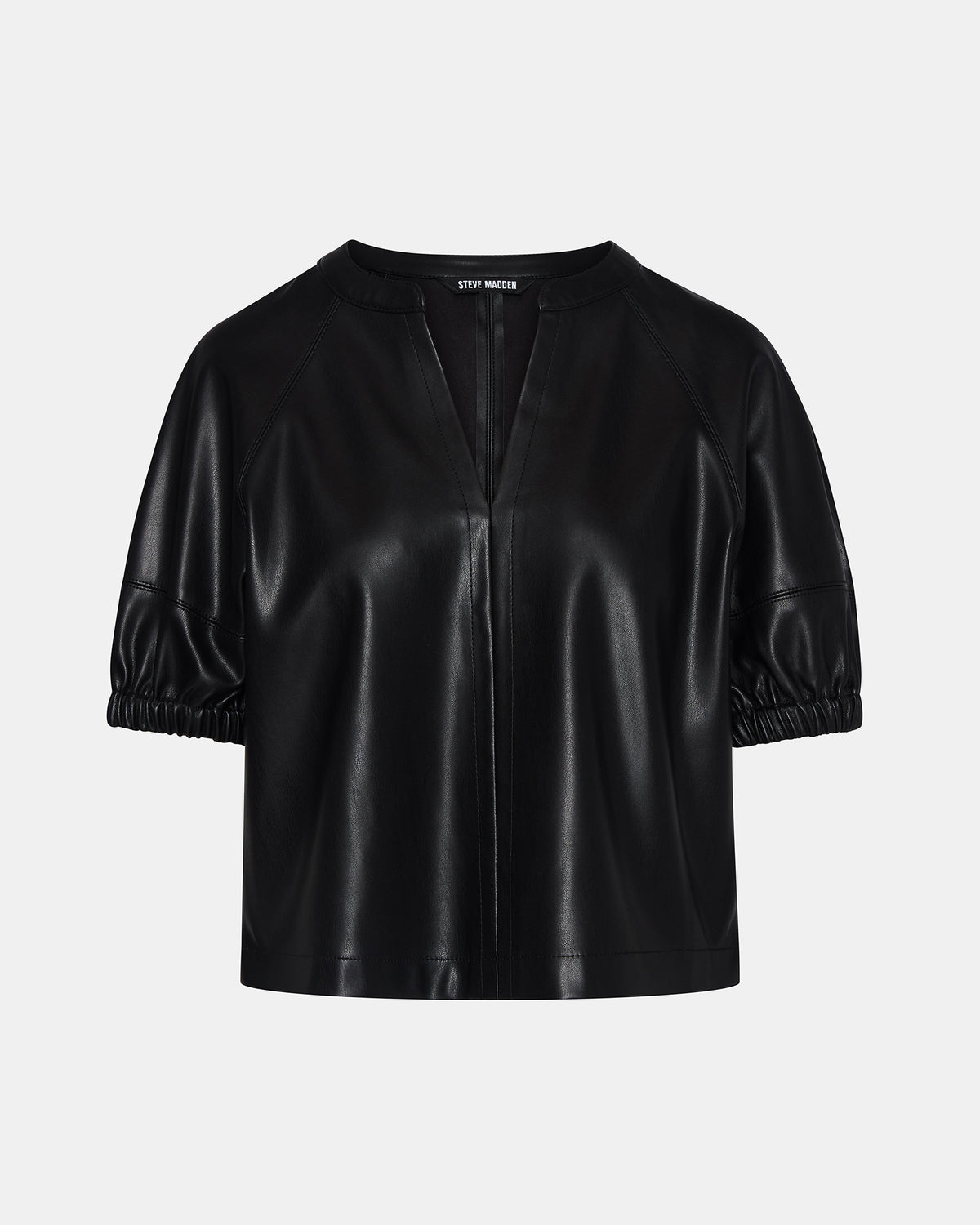ROXANNE Black Short-Sleeved Faux Leather Puff Sleeve Women's Top | Steve Madden