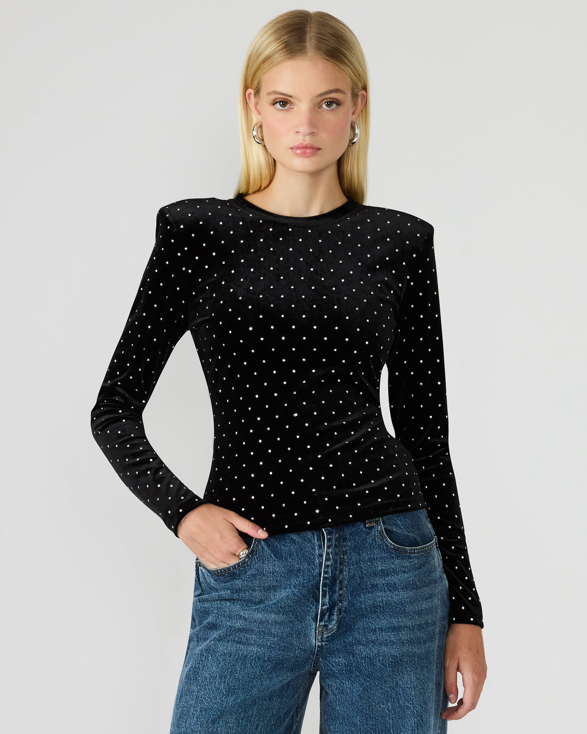 MADILYN Black Studded Velvet Long-Sleeved Rhinestone Embellished Women's Top | Steve Madden