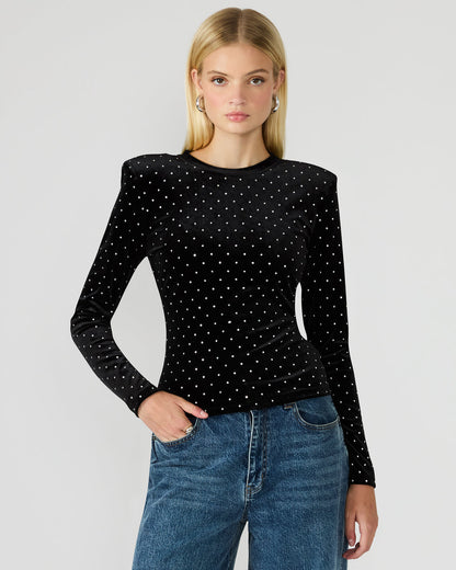 MADILYN Black Studded Velvet Long-Sleeved Rhinestone Embellished Women's Top | Steve Madden