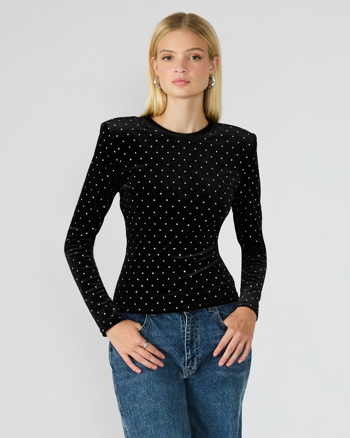 MADILYN Black Studded Velvet Long-Sleeved Rhinestone Embellished Women's Top | Steve Madden