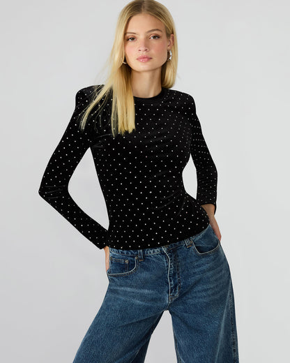 MADILYN Black Studded Velvet Long-Sleeved Rhinestone Embellished Women's Top | Steve Madden