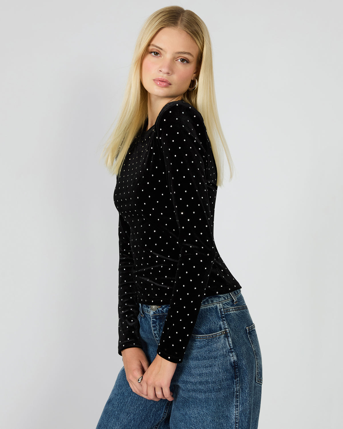 MADILYN Black Studded Velvet Long-Sleeved Rhinestone Embellished Women's Top | Steve Madden