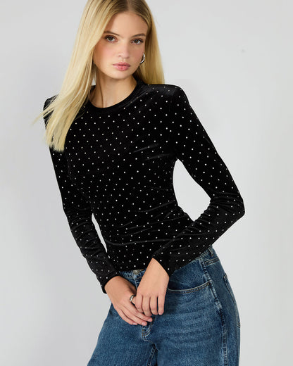 MADILYN Black Studded Velvet Long-Sleeved Rhinestone Embellished Women's Top | Steve Madden