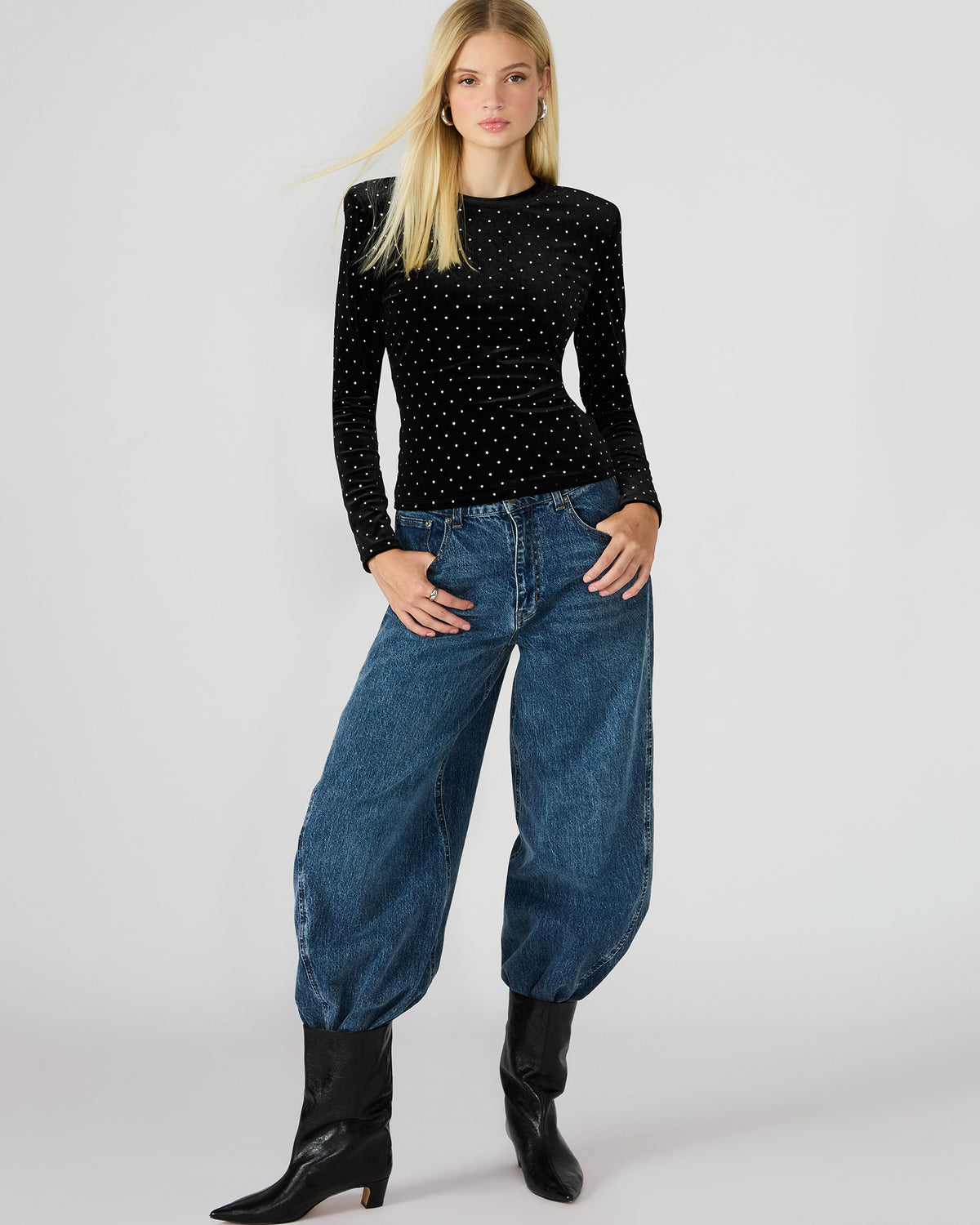 MADILYN Black Studded Velvet Long-Sleeved Rhinestone Embellished Women's Top | Steve Madden