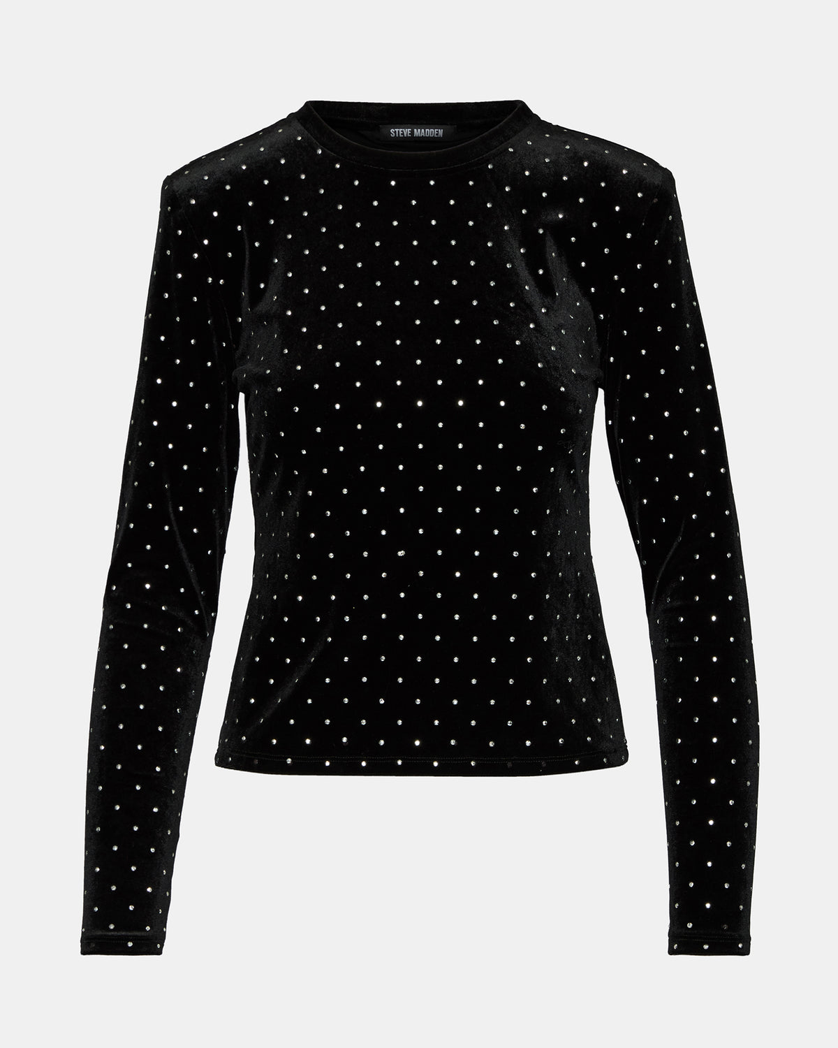 MADILYN Black Studded Velvet Long-Sleeved Rhinestone Embellished Women's Top | Steve Madden