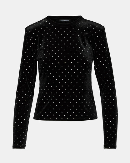 MADILYN Black Studded Velvet Long-Sleeved Rhinestone Embellished Women's Top | Steve Madden