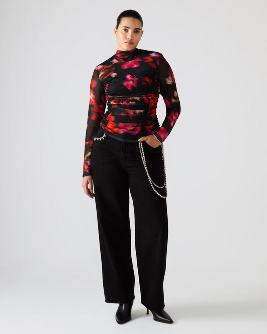 TAYLORE Blurry Floral Long-Sleeved Sheer Mesh Fabric Women's Top | Steve Madden