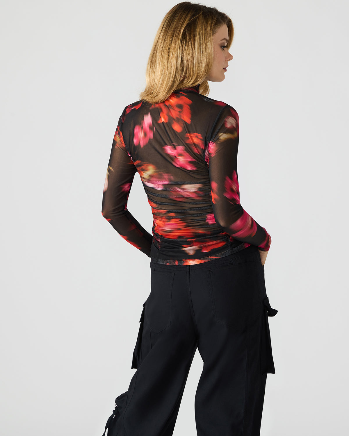 TAYLORE Blurry Floral Long-Sleeved Sheer Mesh Fabric Women's Top | Steve Madden