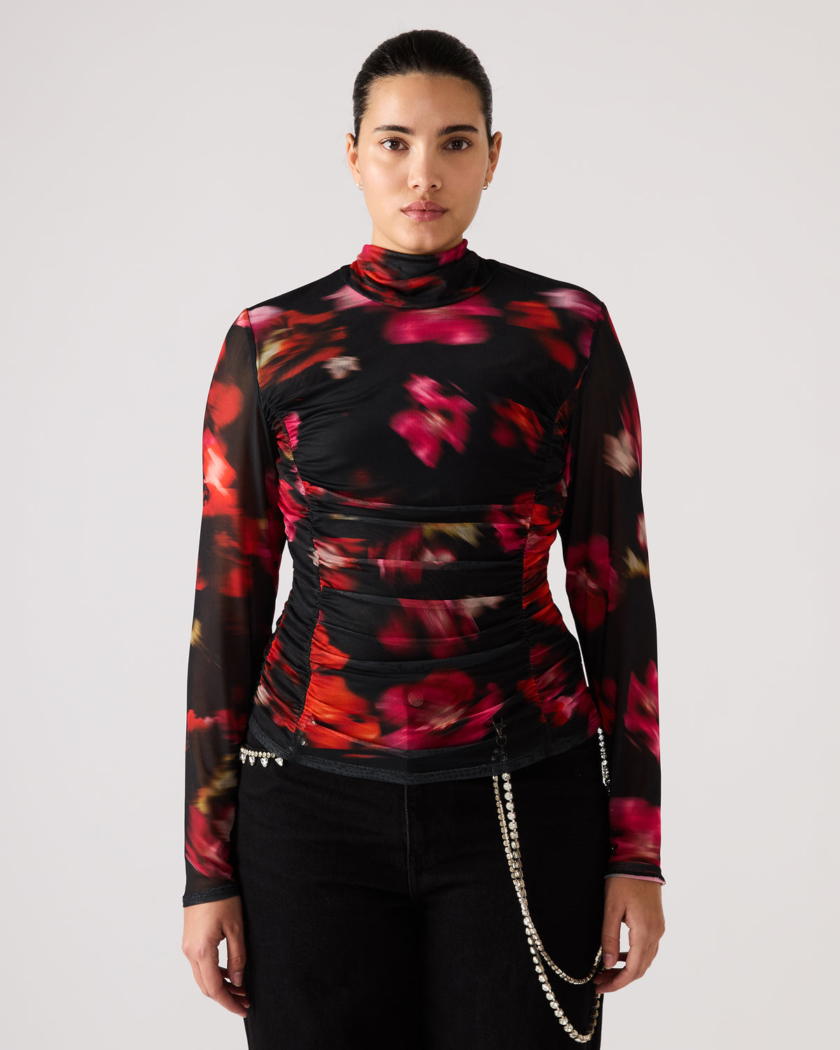 TAYLORE Blurry Floral Long-Sleeved Sheer Mesh Fabric Women's Top | Steve Madden