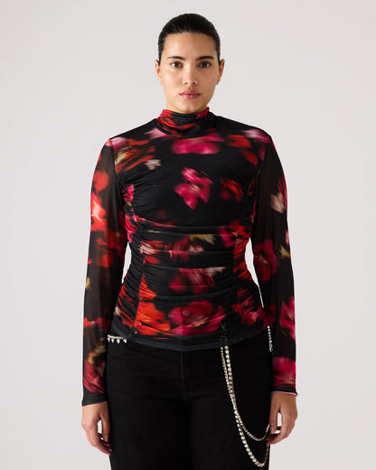 TAYLORE Blurry Floral Long-Sleeved Sheer Mesh Fabric Women's Top | Steve Madden