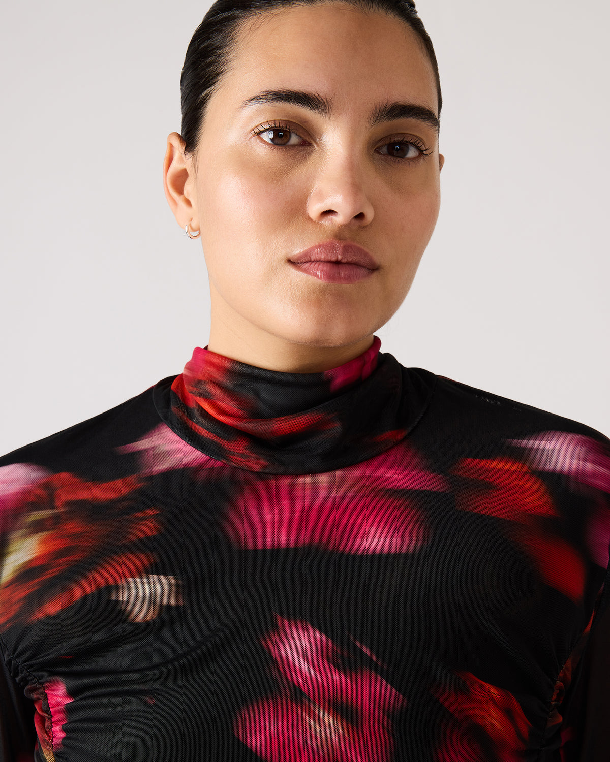 TAYLORE Blurry Floral Long-Sleeved Sheer Mesh Fabric Women's Top | Steve Madden