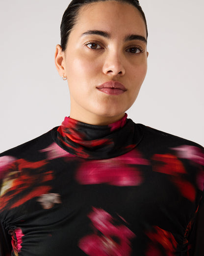TAYLORE Blurry Floral Long-Sleeved Sheer Mesh Fabric Women's Top | Steve Madden